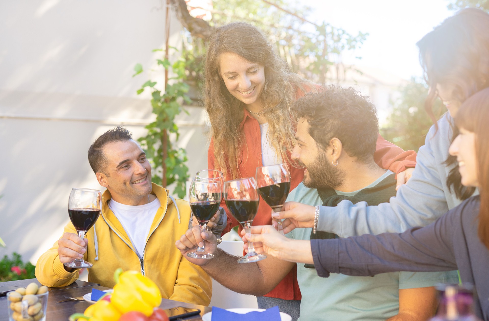 Happy friends having fun outdoor - Group of friends toasting wine glass at home on sunset